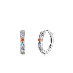 S925 sterling silver hoop earrings featuring rainbow colored cubic zirconia stones