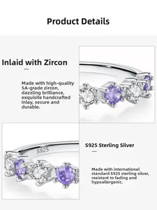 Macro shot of S925 sterling silver ring showing purple zircon and S925 hallmark stamp