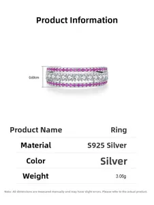 Macro detail of S925 silver ring featuring pink micro-pave stones and 0.6cm width specifications