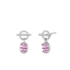 925 Sterling Silver Geometric OT Buckle Stud Earrings With Pink Oval Zirconia Minimalist Jewelry For Women Gift