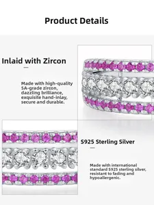 Macro view of S925 sterling silver ring with pink stones and 5A grade cubic zirconia