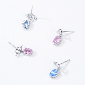925 sterling silver earrings with blue and pink oval crystals and circle dangle hooks