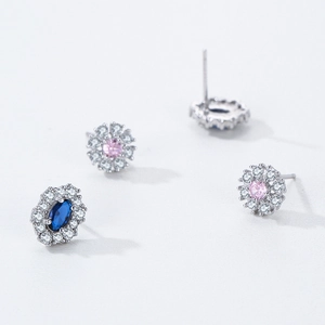 Elegant 925 sterling silver flower earrings with sapphire blue and pink crystals