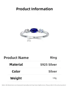 Detail specifications of 925 silver ring featuring blue gemstone and oval cut crystal