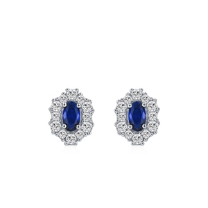 Vintage 925 silver stud earrings with oval blue sapphire surrounded by clear crystals