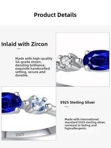Macro shot of S925 sterling silver ring with blue oval gemstone and 5A zircon inlay
