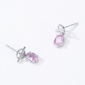 S925 sterling silver O-ring earrings with pink zircon stone in a minimalist design