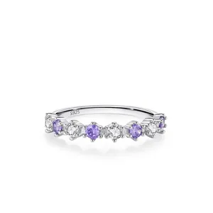 Minimalist 925 Sterling Silver Ring For Women Purple Zirconia Round Cut Design Stackable Thin Fashion Finger Jewelry Gift