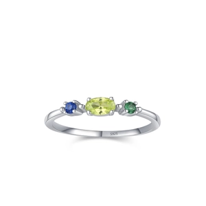Bague en argent sterling 925 avec pierres ovales jaunes et pierres bleues et vertes