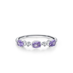 S925 sterling silver ring with alternating oval purple zircons and round white stones