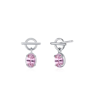Minimalist 925 sterling silver drop earrings with pink zircon stone and O-bar design