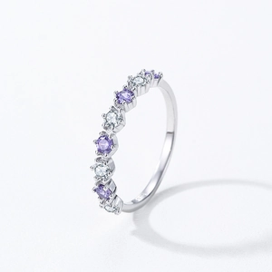 Minimalist S925 sterling silver ring with alternating purple and white gemstones