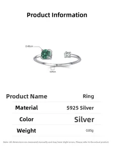 Vue détaillée de la bague en argent 925 avec zircon émeraude 0,40cm et spécifications