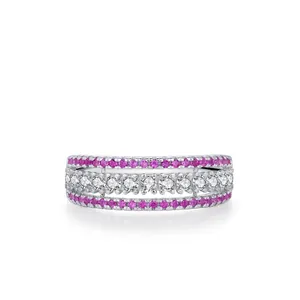 925 Sterling Silver Three Row Zirconia Ring Luxury Rose Pink White Inlaid Elegant Fashion Jewelry Ring For Women Wedding Gift