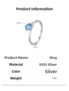 Dettagli tecnici dell'anello in argento S925 con zircone blu da 0,55cm e misure