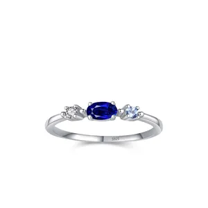 925 Sterling Silver Blue Sapphire Zirconia Ring For Women Retro Niche Design Stackable Geometric Finger Ring Jewelry Gift