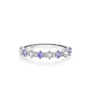 S925 sterling silver ring with alternating purple and clear round zircon gemstones
