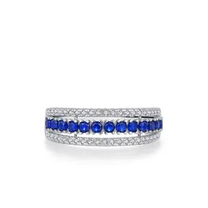 Bague Triple Rangée en Argent Sterling 925 Incrustée de Zirconia Bleu et Blanc pour Femme Bague Géométrique Rétro Bijoux