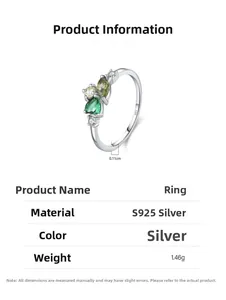 Macro detail of S925 sterling silver ring with green heart zircon and technical specs