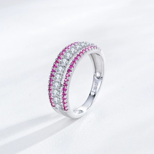 Luxurious S925 sterling silver triple-row ring with pink micro-pave crystals
