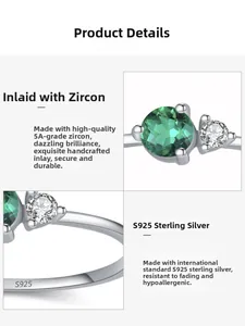 Macro shot of 925 sterling silver ring with 5A emerald zircon and S925 engraving