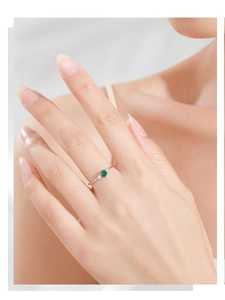 Close-up of S925 silver ring featuring a round green emerald and side accent diamonds