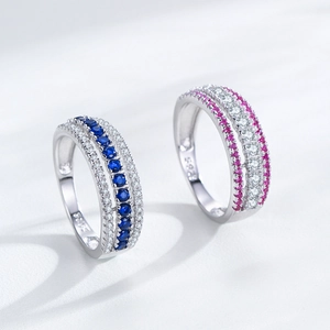 S925 Sterling Silver Ring Set with Rose Pink and Blue Micro-inlaid Zircon Accents