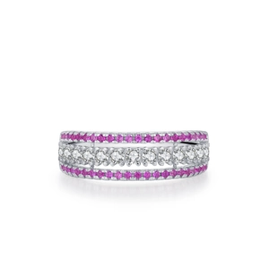 Elegant S925 sterling silver triple-row ring with pink gemstones and clear pavé diamonds