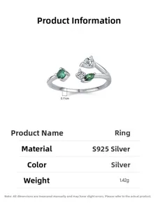 Technical specs of S925 silver forest branch ring with green and white zircons