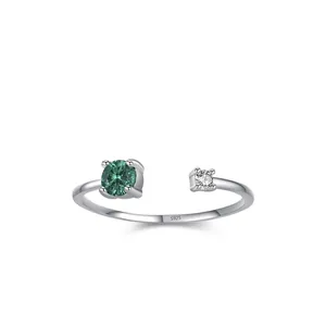 Bague Ouverte en Argent Sterling 925 Zirconia Vert Émeraude pour Femme Minimaliste Géométrique Réglable Bijoux Fins