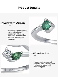 Detailed macro view of S925 sterling silver branch ring with green zircon and S925 hallmark