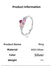 Macro detail of S925 sterling silver ring featuring pink zirconia stones and 0.11cm band width