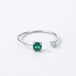 Bague ouverte en argent 925 avec zircon émeraude rond et petite pierre d'accent blanche