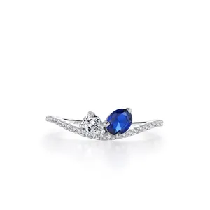 925 Sterling Silver Blue Sapphire Gemstone Ring For Women Elegant Geometric Wave Design Zirconia Inlaid Finger Ring Jewelry Gift