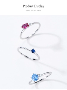 Minimalist S925 silver rings set with blue and red cubic zirconia gemstones detail