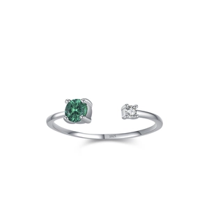 Bague ouverte en argent 925 avec zircon vert émeraude rond et petite pierre blanche