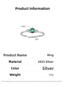 Detailed view of S925 silver ring featuring a round green gemstone with side zircons