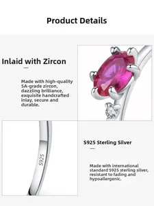 Macro view of S925 sterling silver ring band with an oval pink zirconia setting