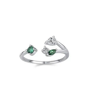 S925 Sterling Silver Branch Leaf Open Ring For Women Minimalist Adjustable Green White Zirconia Inlaid Forest Style Jewelry