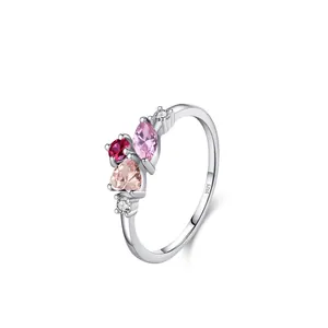 S925 Sterling Silver Sweet Pink Zirconia Ring For Women Elegant Heart Marquise Cut Flower Cluster Finger Ring Jewelry Gift