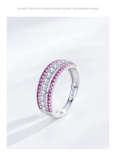 Macro shot of S925 silver ring with triple row white and pink zircon pave setting