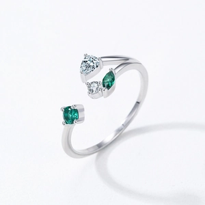 Minimalist S925 sterling silver branch open ring with green and clear gemstones