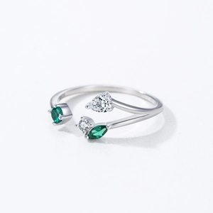 S925 sterling silver branch ring with emerald green and white cubic zirconia stones