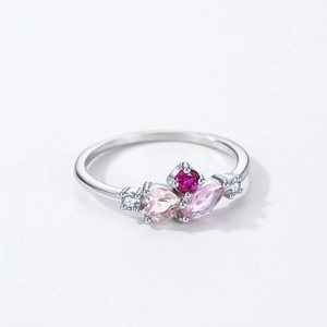 S925 sterling silver ring with heart pink zircon and colorful gemstones on white background