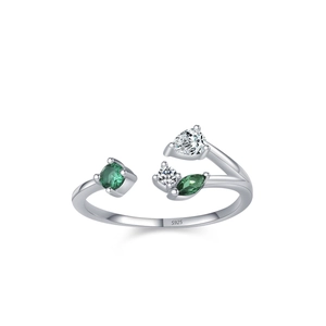 S925 sterling silver branch ring with green and white marquise zircons in nature style