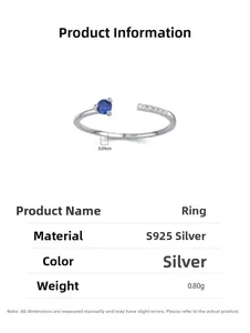 Detail of S925 sterling silver open ring featuring a blue sapphire and small diamonds