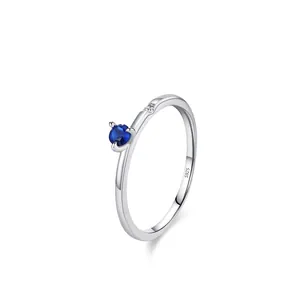 925 Sterling Silver Minimalist Round Blue Zirconia Ring Thin Band Gemstone Inlaid Finger Ring Fashion Jewelry For Women