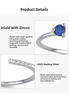 Macro view of blue zircon three-prong setting and S925 silver engraving on band