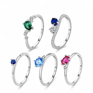 S925 Sterling Silver Geometric Zirconia Ring for Women Fashion Minimalist Commuter Style Colorful Finger Ring Jewelry