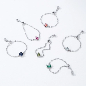 925 Sterling Silber Geburtsstein-Kettenringe mit verstellbarem Kordelzug in sechs Farben